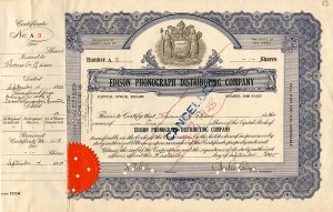 Edison Phonograph Distributing Co. signed by Thomas Edison, Charles Edison and Henry Miller - Stock Certificate